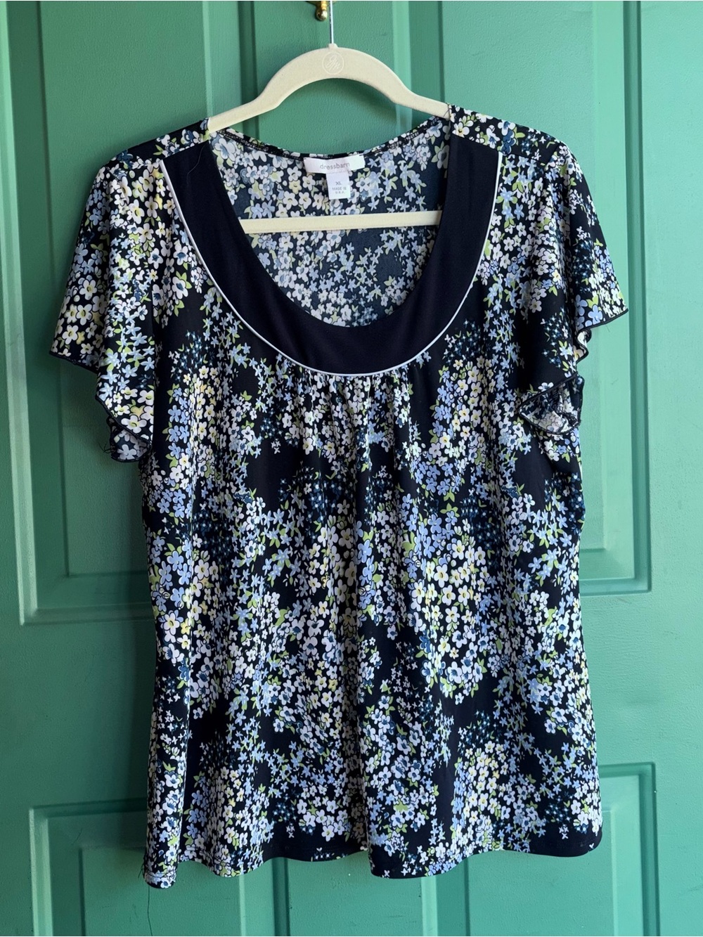 dressbarn xl Black Floral Scoop Neck Blouse with Light Blue and White Flowers - Picture 2 of 5